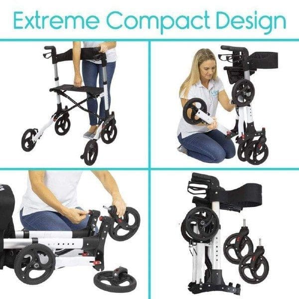 Woman demonstrating a foldable walker with a lightweight, compact design. The image shows the walker being folded and its components, highlighting its portability and easy storage feature.