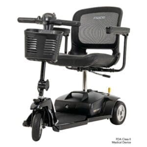 A three-wheeled mobility scooter features a mesh backrest, black seat, and small front basket. With handlebars and FDA Class II Medical Device labeling, its compact design is perfect for personal transportation. For more details, check out our FAQ on mobility scooters.