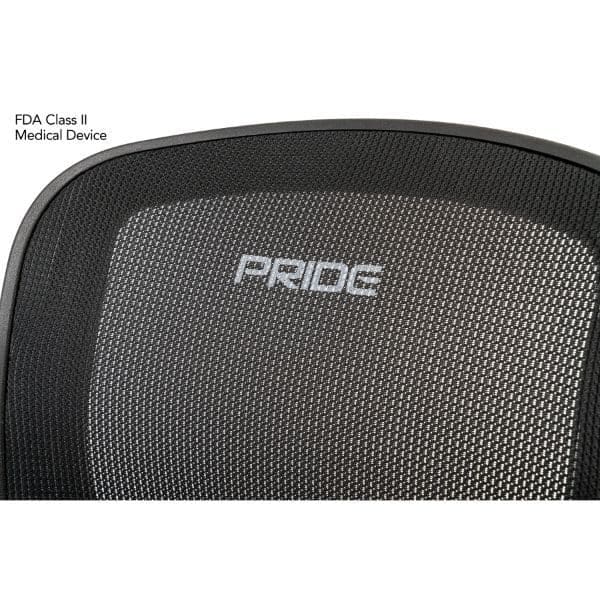 Close-up of a black mesh chair backrest with PRIDE written in white letters. The text FDA Class II Medical Device is seen in the top left corner.