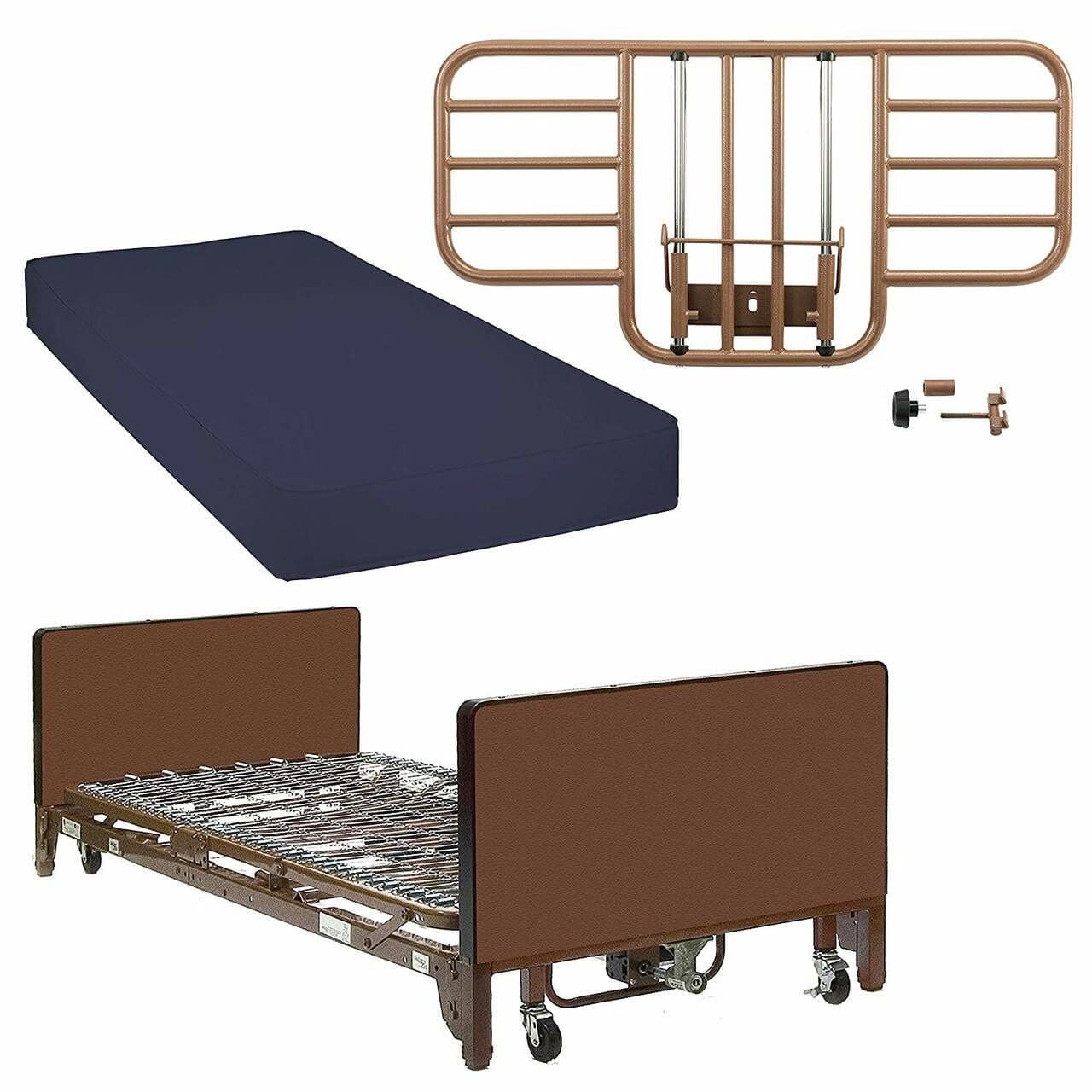 Hospital bed assembly with a brown mattress support, a navy blue mattress, metal bed rails, and wheels is available through our medical equipment rentals. The components are shown separately and assembled, highlighting the durable bed frame and practical side rails.