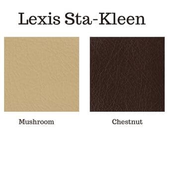 Two square samples labeled Mushroom and Chestnut under the title Lexis Sta-Kleen. The Mushroom sample is a light tan color, and the Chestnut sample is a dark brown shade.