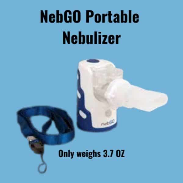 Image of a NebGO Portable Nebulizer with a blue and white design. It includes a detachable mouthpiece and a blue strap. Text reads: NebGO Portable Nebulizer and Only weighs 3.7 OZ against a light blue background.