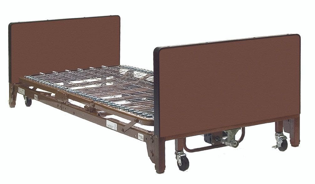 A hospital bed with a brown frame and casters. The bed has a metal spring support without a mattress, featuring a simple, rectangular headboard and footboard.