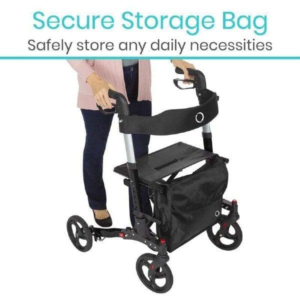 A person in a pink sweater and blue pants stands with a black four-wheel walker equipped with a secure storage bag. The image highlights the walker’s ability to safely store various necessities.