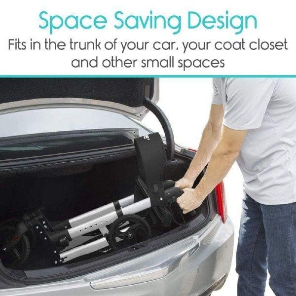 A person is placing a folded mobility scooter into the trunk of a car. The image text reads, Space Saving Design: Fits in the trunk of your car, your coat closet and other small spaces.