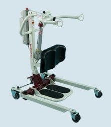 A medical lift device with a sturdy metal frame, padded leg support, and wheeled base. It has a lifting arm and handles for mobility assistance.