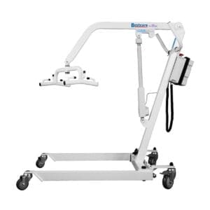 A white mobile patient lift with a sturdy metal frame, four wheels, and a padded handle. It has a lifting arm with a sling attachment point and a control panel on the side. The brand Bestcare is visible on the arm.