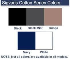 Color chart for Sigvaris Cotton Series featuring five colors: Black, Black Mist, Crispa, Navy, and White. Note states: Not all colors are available in all models.
