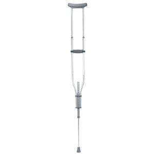 The Hurrycane Freedom Edition is a gray crutch featuring adjustable height settings, underarm and hand grip rubber padding, and a rubber tip at the bottom for enhanced traction.