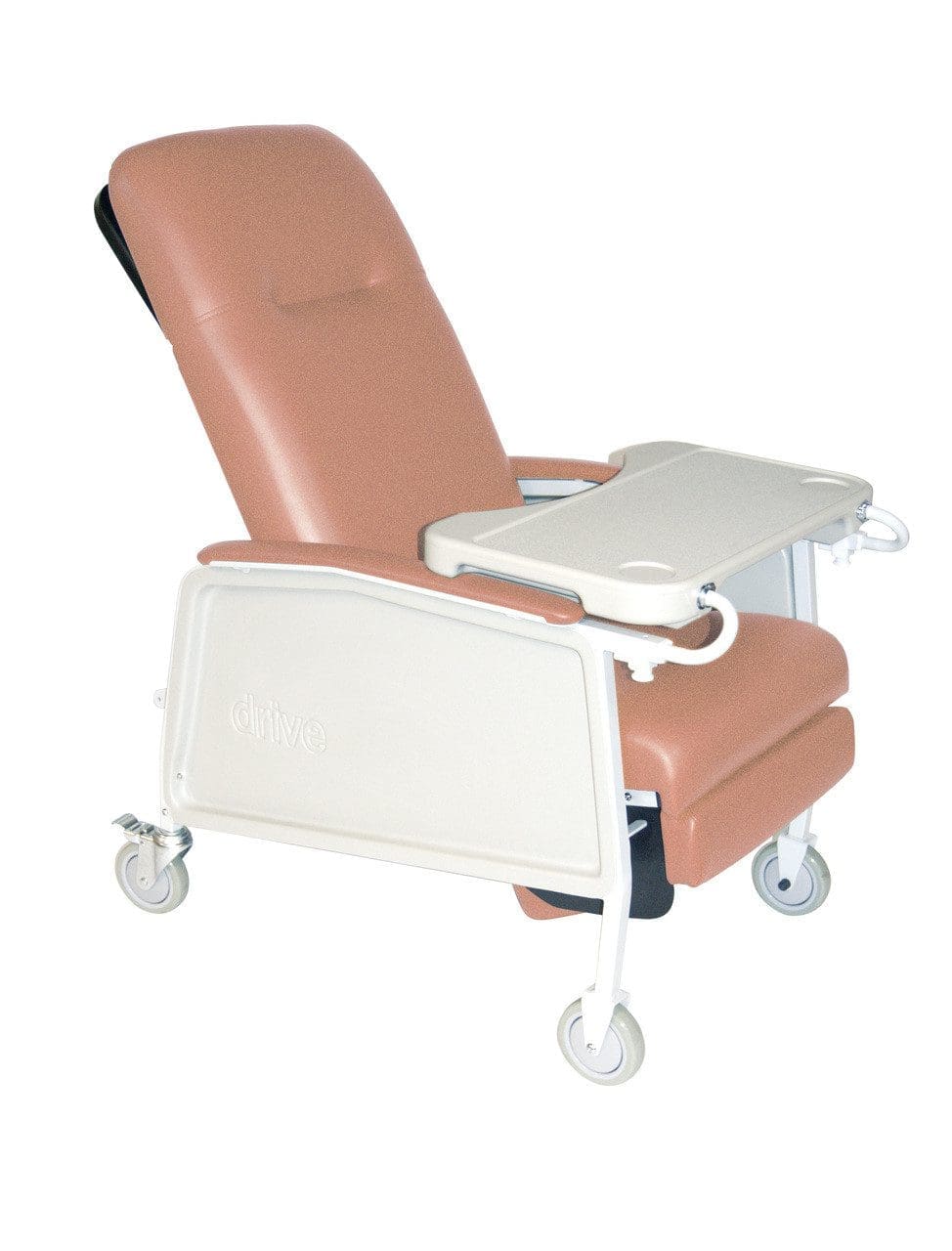 A beige reclining medical chair with a tray attached and four wheels for mobility. The chair has a cushioned seat and backrest, designed for patient comfort and support.