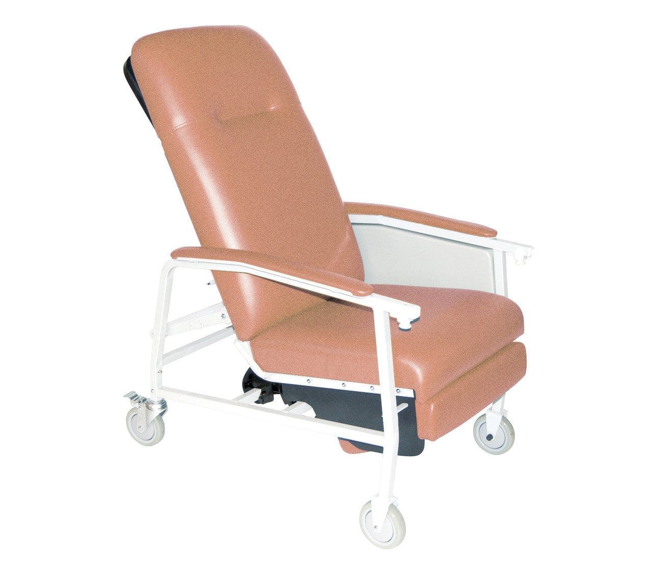 Red reclining medical chair with white metal frame and wheels on the bottom for mobility. Adjustable backrest and armrests are visible against a plain white background.
