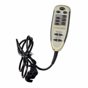 A wired remote control with black buttons labeled for various functions, featuring a coiled cord and a connector at the end. The brand name Golden is printed on the front.
