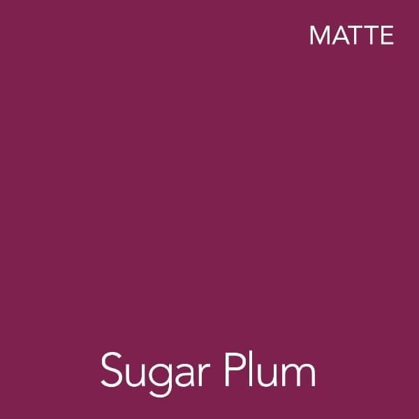 A square color swatch labeled Sugar Plum in matte finish. The swatch is a deep plum purple shade, with the word MATTE in the top right corner.