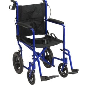 A lightweight, foldable transport wheelchair with a blue frame, black seat, and armrests. It has large rear wheels and smaller front wheels, with footrests attached.