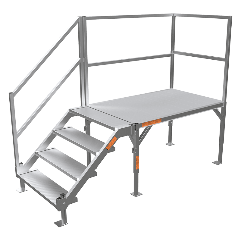 A gray metal platform with stairs and railings on both sides. The platform is elevated and designed for easy access, featuring a flat top surface with safety rails along the perimeter.