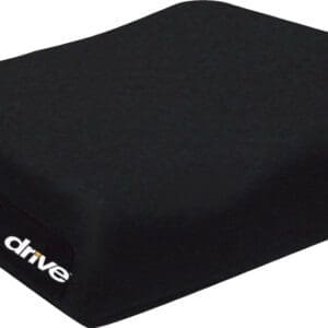 A black contoured seat cushion with a subtle curve on the top for ergonomic support, featuring a small drive logo on the side. The cushion appears to be made of a smooth fabric material.