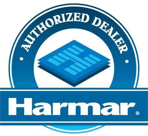 Blue circular logo with the text Authorized Dealer at the top. In the center, a stylized blue emblem is displayed. The word Harmar is bolded in white on a blue banner across the bottom.