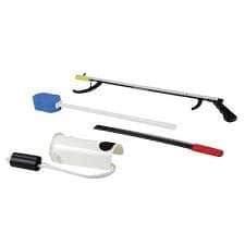 Four different reacher and grabber tools, each with distinct designs and grips. They vary in size, color, and functionality, including a black trigger handle model and one with a blue claw.