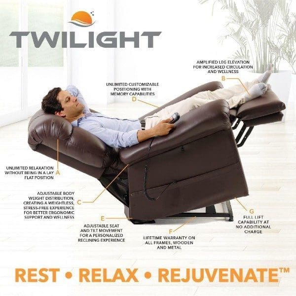 A man reclines in a brown leather chair with various adjustable features highlighted. The text promotes relaxation benefits, including memory settings and elevated leg positioning. Slogan at the bottom reads, Rest, Relax, Rejuvenate.