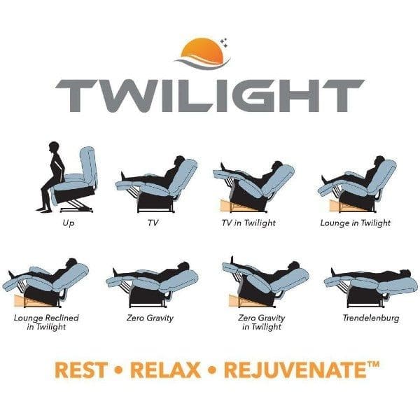 Illustration of recliner positions labeled as Up, TV, TV in Twilight, Lounge in Twilight, Lounge Reclined in Twilight, Zero Gravity, Zero Gravity in Twilight, and Trendelenburg. Text reads Twilight: Rest, Relax, Rejuvenate.
