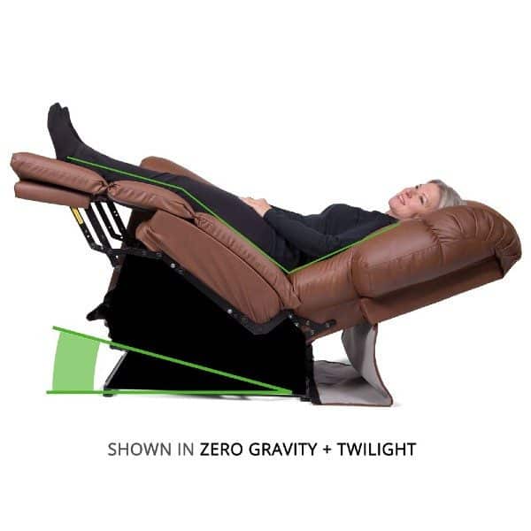 A person reclines in a brown leather chair adjusted to a zero gravity and twilight position, providing optimal relaxation and support. The chairs mechanism is visible, with a green outline highlighting its features.