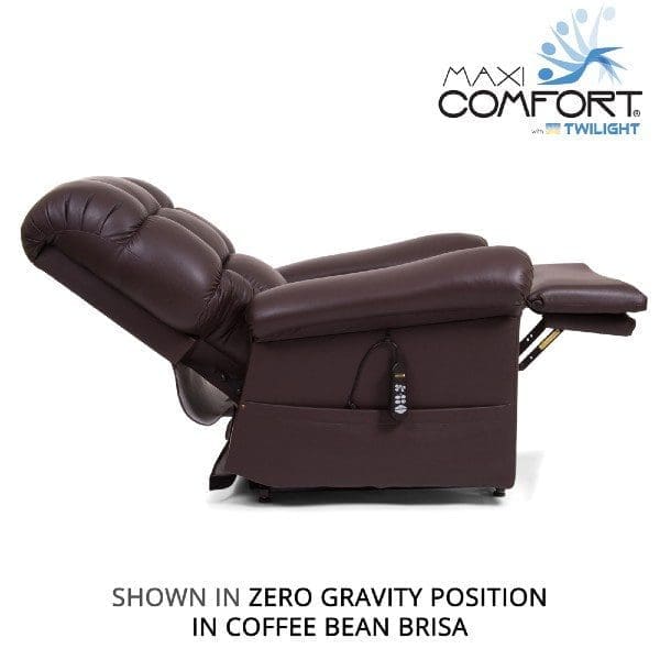 A brown recliner chair in a zero-gravity position with a remote control attached. Logo on top right reads Maxi Comfort with Twilight. Text below says Shown in Zero Gravity Position in Coffee Bean Brisa.