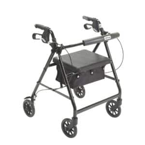 A black mobility walker with four wheels, ergonomic hand grips, a padded seat, and a storage pouch underneath. It features hand brakes and a sturdy frame for support.