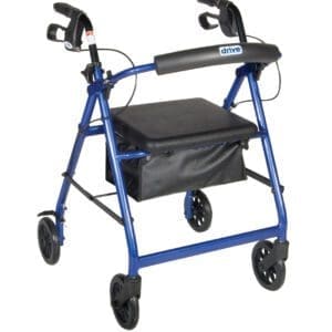 A blue wheeled walker with handlebars and a seat, featuring a small black storage bag underneath. The walker has four wheels and hand brakes for support and mobility assistance.