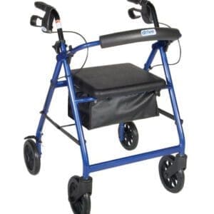 A blue mobility walker with four wheels, a padded seat, and a storage pouch underneath. It has black handgrips and brakes on the handles.