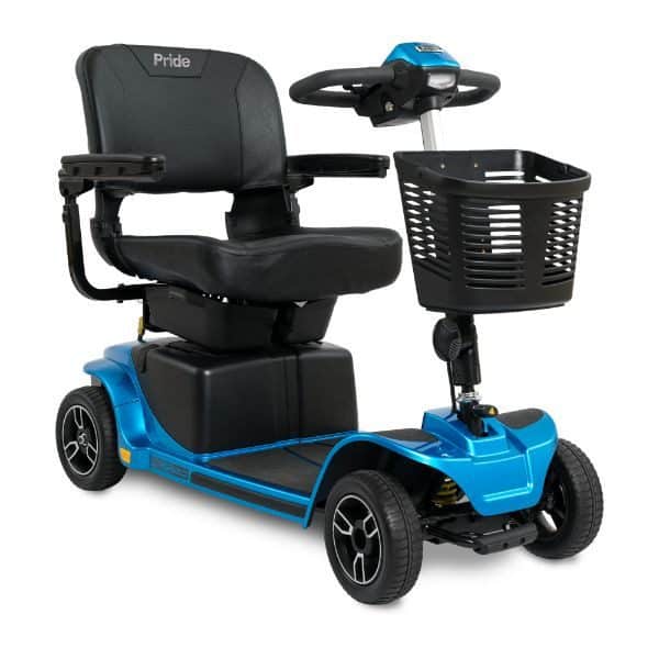 A blue mobility scooter with a black seat, armrests, and steering handle offers convenience and ease. Featuring a small front basket and four wheels, the Pride brand is visible on the backrest. For more details, check our FAQ on Mobility Scooters.