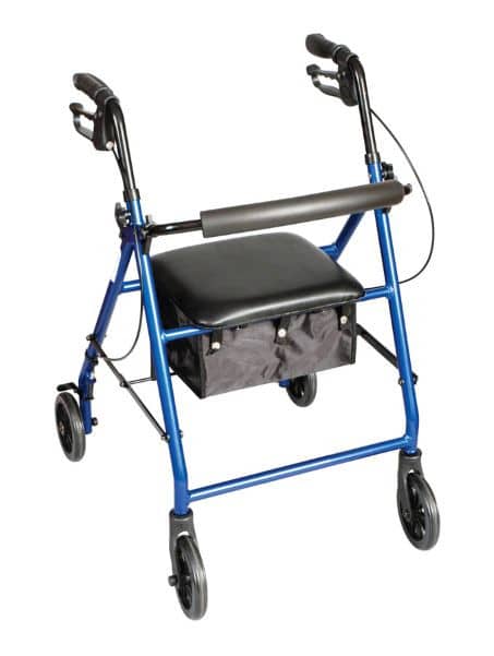 A blue walker with four wheels and hand brakes, featuring a black cushioned seat and a storage pouch beneath.