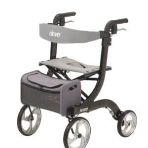 A lightweight four-wheel rollator walker with a gray frame, adjustable handles, a seat, and a mesh storage pouch. The walker is designed for mobility assistance and features large wheels for easy maneuverability.