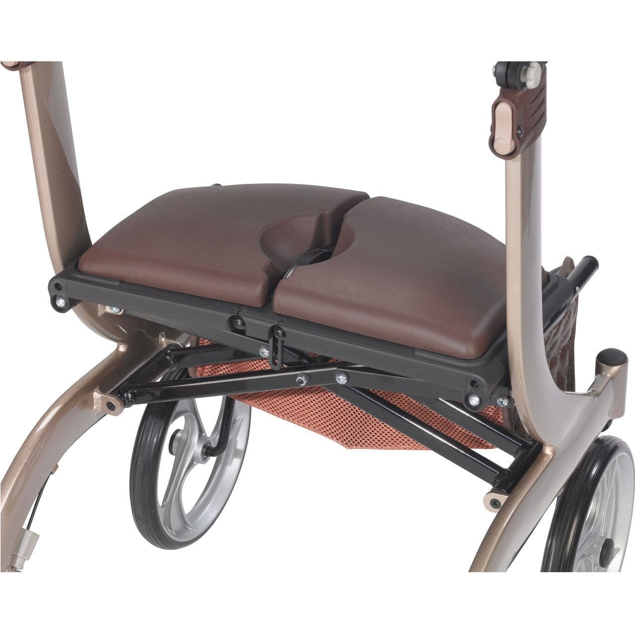 A close-up of a rollator with a brown cushioned seat. It features four wheels and a metal frame. There is a mesh storage compartment underneath the seat. The handles and partial frame are visible.