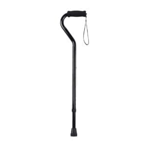 A black adjustable walking cane with a contoured handle, wrist strap, and rubber tip for stability. The design is simple and sleek, suitable for support and mobility.