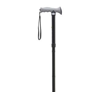 A black walking cane with an ergonomic gray handle and a wrist strap, designed for mobility support. The cane is adjustable in height and features a sleek, modern design against a white background.