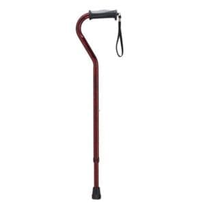 A red cane with a curved handle and wrist strap. The cane has a rubber tip for stability.