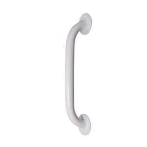 A white metal grab bar with a curved design and two round mounting plates with screw holes at each end.