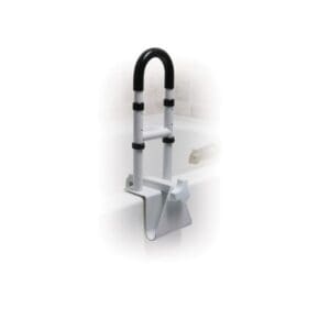 A bathtub safety rail with a black handle is securely attached to the side of a white bathtub, providing grip and support.