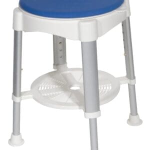 A stool with a blue circular seat, gray adjustable legs, and a white plastic base. The design is minimal, with a sturdy appearance.