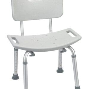 A light gray shower chair with a backrest and arm handles is shown. It has a textured seat with drainage holes, adjustable metal legs, and non-slip rubber feet for stability.