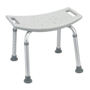A gray plastic shower chair with a contoured seat, drainage holes, and two built-in handles. It has four adjustable metal legs with rubber tips for stability.
