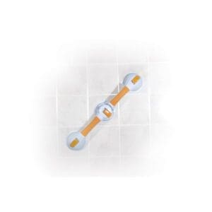 A grab bar with suction cups attached to a tiled wall, designed for safety and support. The bar is orange with gray suction cups on each end.