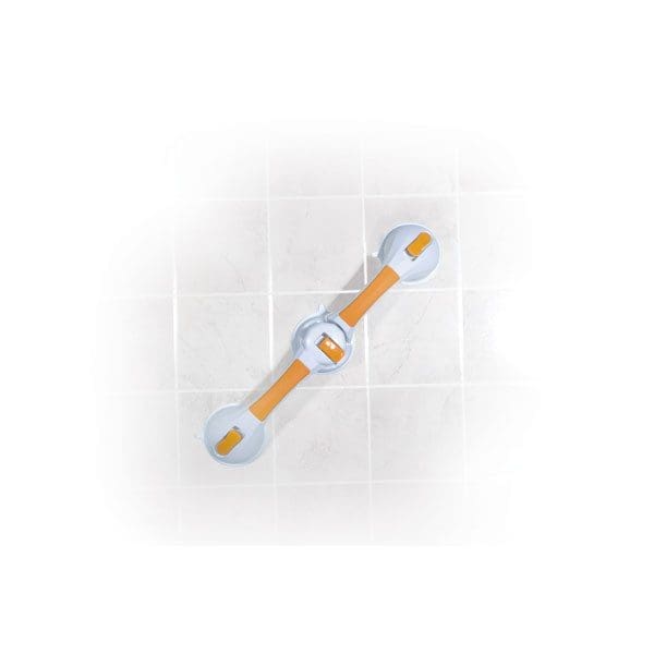 A grab bar with suction cups attached to a tiled wall, designed for safety and support. The bar is orange with gray suction cups on each end.