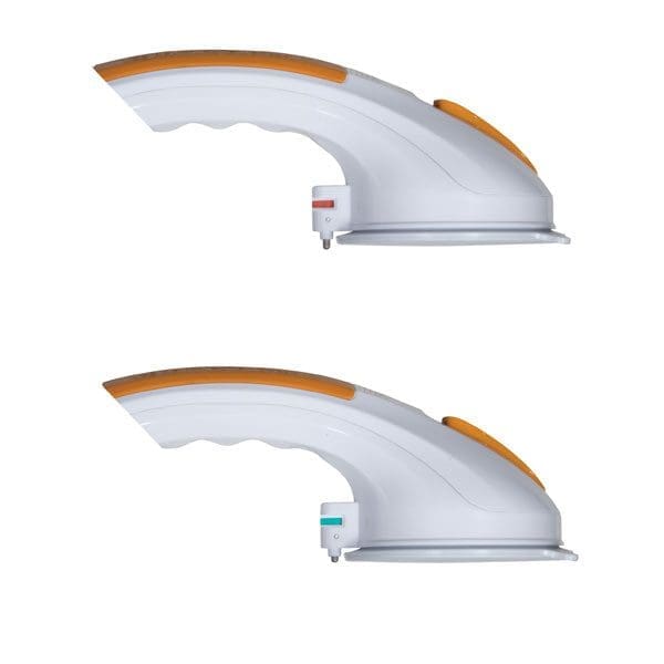 Two white grab bars with orange accents. The top bar features a red indicator, while the bottom bar shows a green indicator. Both have ergonomic handles and are used for stability, likely in bathrooms.