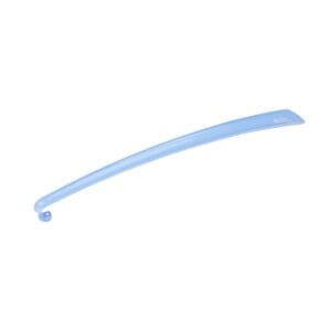 A long, light blue plastic shoehorn with a curved end for easy grip and a small hole at the handle for hanging.