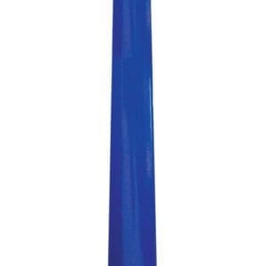 A long, blue shoehorn with a small hole near the top for hanging, featuring a logo near the bottom.