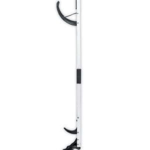 A long, silver metal litter picker with black rubber grips and claws against a white background. The tool features a handle at the bottom and a trigger mechanism for grasping objects.