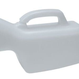 A white plastic handheld urinal bottle designed for ease of use with a wide opening and handle. The smooth, ergonomic shape makes it suitable for mobility assistance and personal care needs.