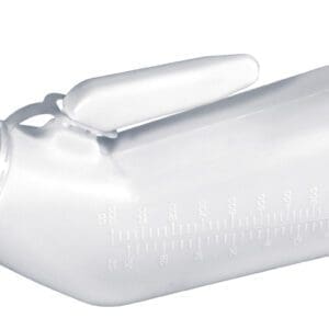 A transparent plastic urinal designed for male use, featuring a handle and a closed lid. The side has measurement markings in milliliters.