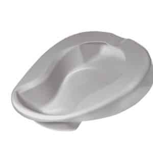 A 3D rendering of a sleek, modern white toilet seat cover, featuring smooth, curved lines and an ergonomic design.